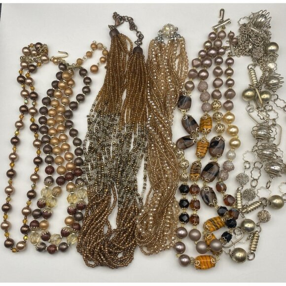 Unbranded Jewelry - Lot 6 Vintage Style Statement Necklaces Bronze Gold Faux Pearl Beaded Boho Layer